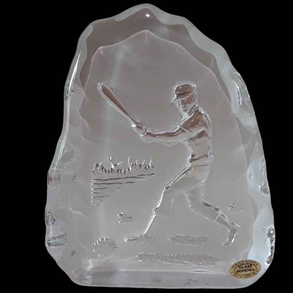 Baseball Player Paperweight Etched Czech Glass Handmade